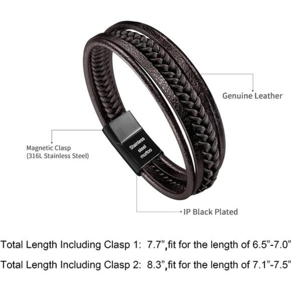 Mens Leather Bracelet with Clasp Cowhide Multi-Layer Braided Leather Bracelets - Picture 2 of 6